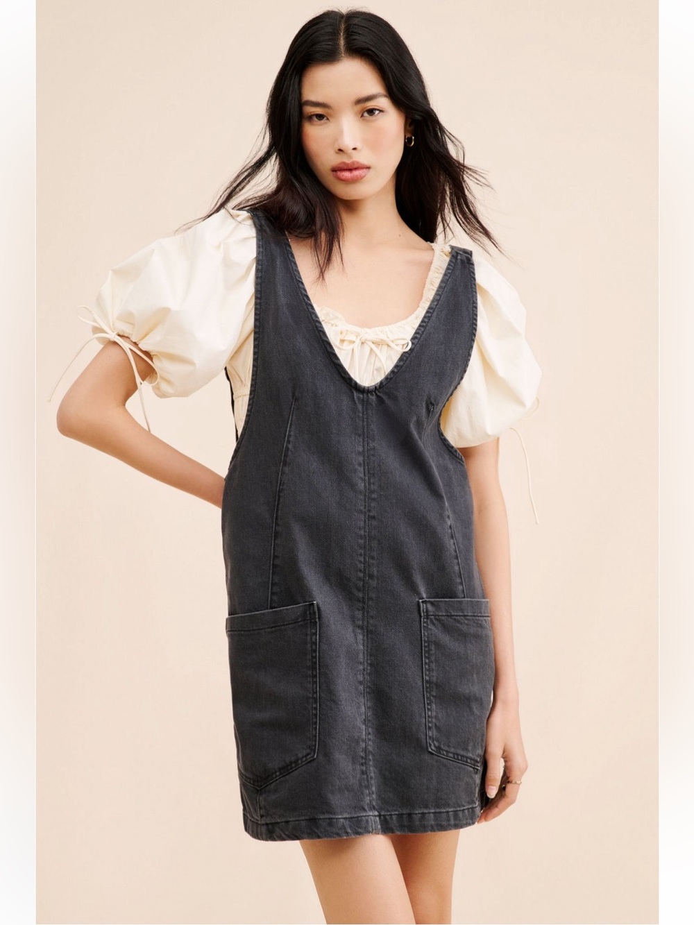 We The Free Charcoal Scoop Neck High Roller Mini Dress With Adjustable Straps.